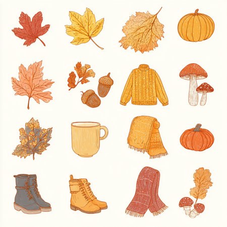 Autumn set of hand drawn vector illustrations. Fall leaves, pumpkins, knitted scarf, boots and boots. autumn leaves and acorns clip art setの素材