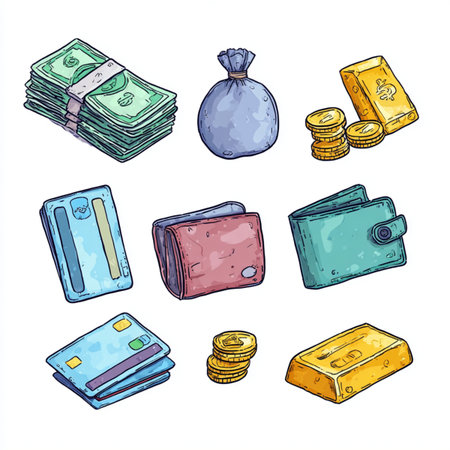 Set of hand drawn cash, credit cards, coins and banknotes. Vector illustration. Cartoon Hand Drawn Digital Currency Gold Coins Money Wallet Credit Cardの素材