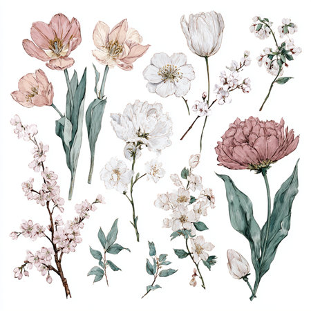 Watercolor set of spring flowers isolated on white background. Hand drawn illustration. set of flowers clip artの素材