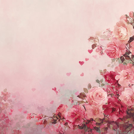 Watercolor cherry blossom with hearts on a pink background. Spring flowers. vintage background with pink rosesの素材