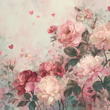 Watercolor painting of flowers, peonies. Floral background. vintage background with pink rosesの素材