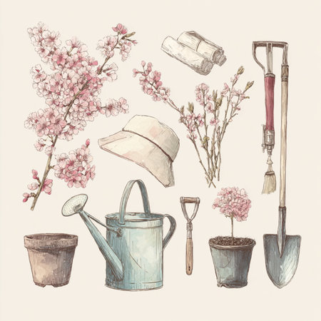 Gardening tools and flowers. Hand drawn watercolor illustration. set of flowers clip artの素材