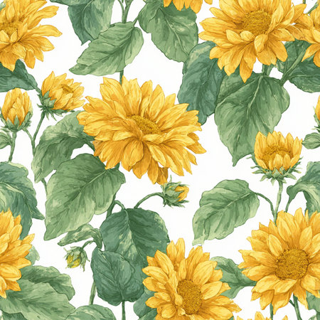 Seamless pattern with yellow sunflowers. Hand-drawn illustration. seamless pattern of sunflowersの素材