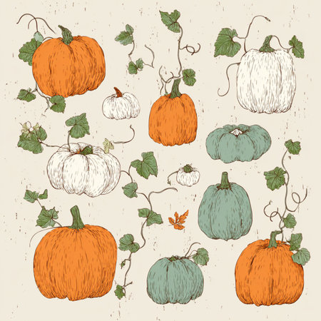 Set of hand drawn pumpkins. Vector illustration in vintage style. seamless pattern with pumpkinsの素材