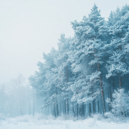 Foggy winter forest with snow covered trees. Winter landscape. winter forest in the snow landscapeの素材