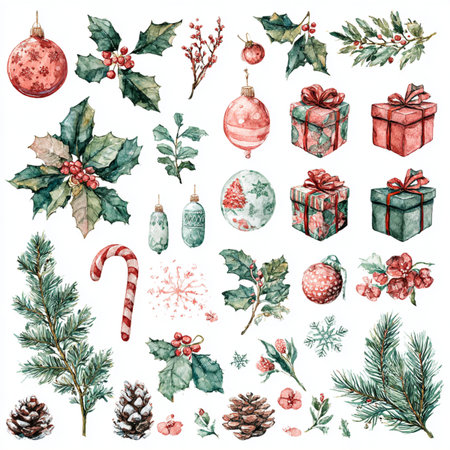 Watercolor set of holiday elements. Hand drawn vector illustration isolated on white background. set of holidays clip artの素材