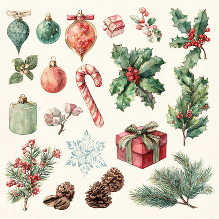 Watercolor holiday and New Year elements. Hand drawn vintage illustration. set of holidays clip artの素材
