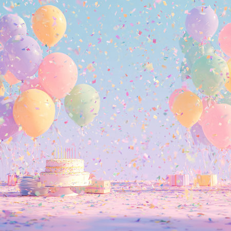 Birthday cake with balloons, gift boxes and confetti. Festive background. party background with balloons and cakeの素材