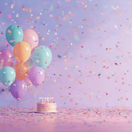 Birthday cake with candles, balloons and confetti on pink background. party background with balloons and cakeの素材