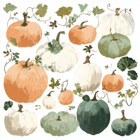 Set of pumpkins. Hand drawn vector illustration. Vintage style. seamless pattern with pumpkinsの素材