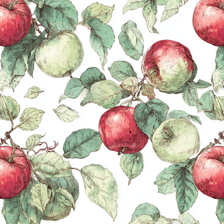 Seamless pattern with red apples and green leaves. Hand drawn vector illustration. seamless pattern of applesの素材