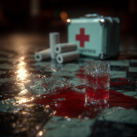 First aid kit, broken glass and blood on the floor. Selective focus. first aid kit emergency wound urgent incidentの素材