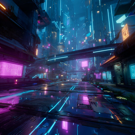 3d rendering. Futuristic city at night with neon lights. A futuristic video game environment with glowing neon lights, holographic user interface elements,の素材