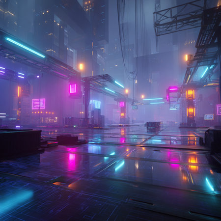 Futuristic city at night with neon lights. 3d rendering. A futuristic video game environment with glowing neon lights, holographic user interface elements,の素材