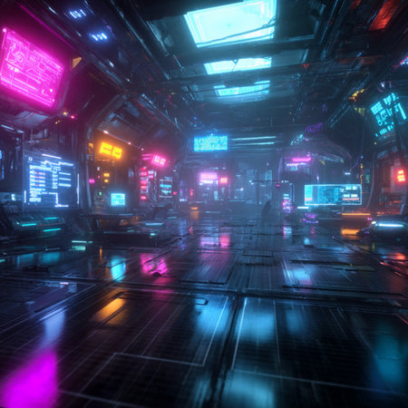 Futuristic corridor with neon lights and reflections. 3d rendering. A futuristic video game environment with glowing neon lights, holographic user interface elements,の素材