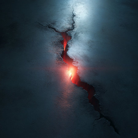 Crack in asphalt road with red light. 3d render illustration. glowing crackの素材