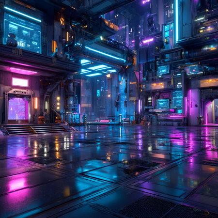 3d rendering. Futuristic interior of a futuristic space station. A futuristic video game environment with glowing neon lights, holographic user interface elements,の素材