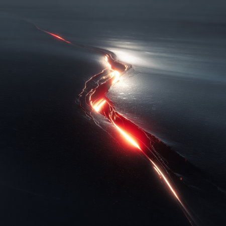 Lava flows into the ocean. 3D rendering. Computer digital drawing. glowing crackの素材