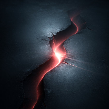 Cracked concrete wall with red lightning. 3d render illustration. glowing crackの素材
