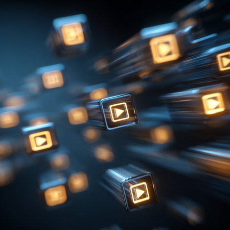Futuristic 3d rendering of an abstract background with glowing cubes and lights. mp4 file iconsの素材