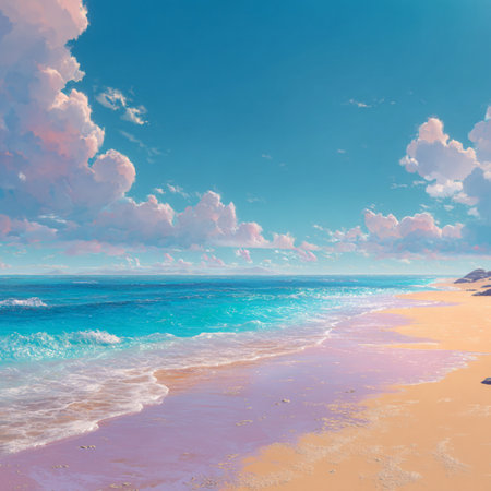 Beautiful beach at Seychelles, Praslin island. Anime style tropical beach landscape with palm trees oceanの素材
