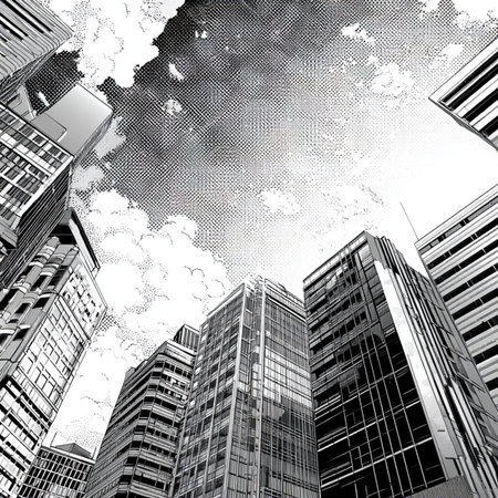 Modern skyscrapers in business district. Black and white illustration. abstract modern manga style city backgroundの素材