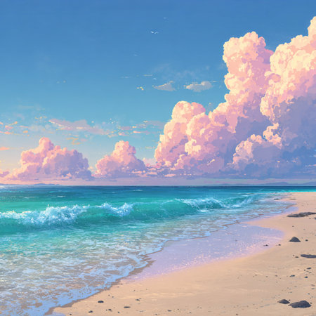 Beautiful seascape. Composition of nature. 3d. Anime style tropical beach landscape with palm trees oceanの素材