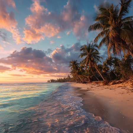 Beautiful sunset on the beach with palm trees and turquoise water. Tropical island palm tree beachの素材