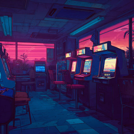 Arcade game room with slot machine and neon lights - 3D illustration. A vibrant retro arcade room filled with game machinesの素材