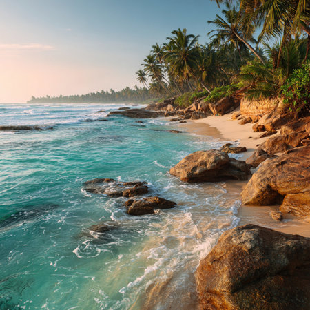 Tropical beach with palm trees and rocks at sunset, Sri Lanka. Tropical island palm tree beachの素材