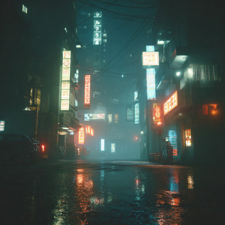 Foggy street at night with neon signs in Shanghai, China. night in the city street landscapeの素材