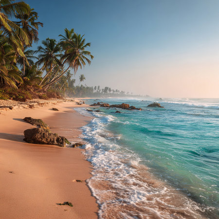 Tropical beach with palm trees at sunrise. Sri Lanka. Tropical island palm tree beachの素材