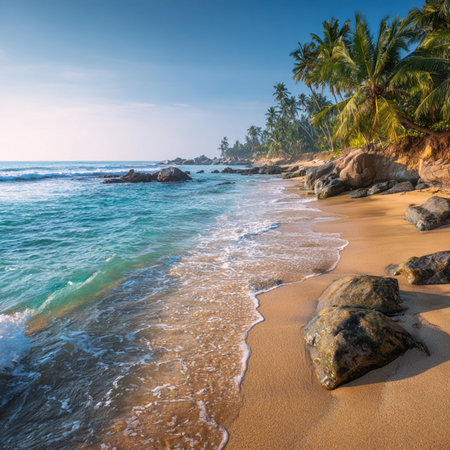 Tropical beach with palm trees and rocks. Sri Lanka. Tropical island palm tree beachの素材