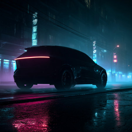 Car on the road in the fog at night. 3d rendering. futuristic modern car in the nightの素材
