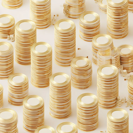 Golden coins on a white background. 3d rendering, 3d illustration. 3d stack of gold coins isolated on white backgroundの素材