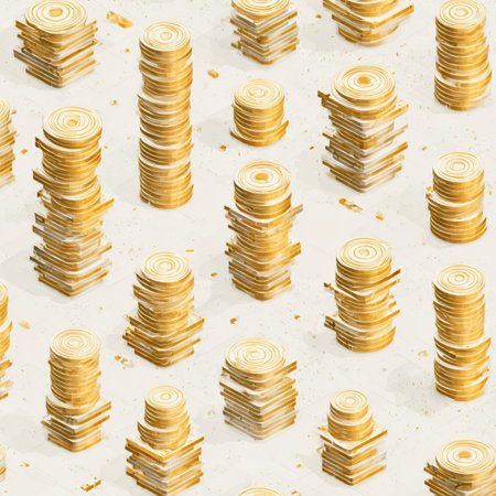 Stacks of gold coins. Seamless pattern. 3d illustration. 3d stack of gold coins isolated on white backgroundの素材