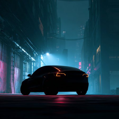 Car in the foggy city at night. 3D rendering. futuristic modern car in the nightの素材