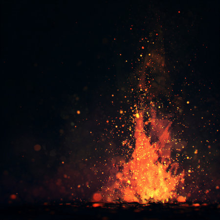 Flame of fire with sparks on a black background. Place for text. fire explosion backgroundの素材
