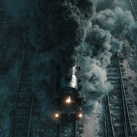 Old steam locomotive at night. View from above. 3d rendering. Steam locomotive. A powerful steam locomotive chugs through dense fog, its light shining brightly.の素材