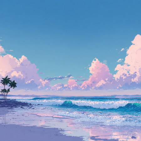 Beautiful seascape with palm trees and blue sky with clouds. Anime style tropical beach landscape with palm trees oceanの素材