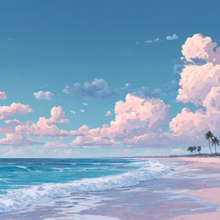 Beautiful seascape with palms on the beach. 3d render. Anime style tropical beach landscape with palm trees oceanの素材