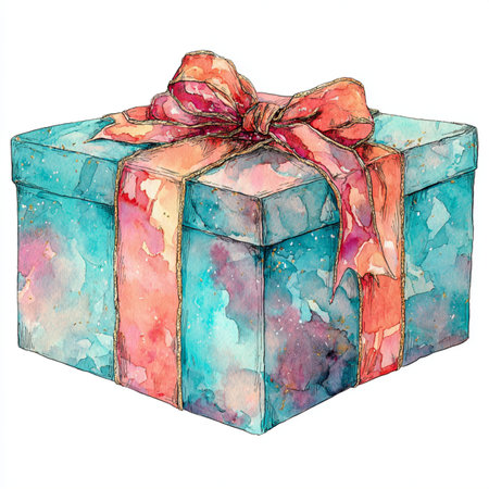 Gift box. Watercolor illustration. Isolated on white background. Colorful gift box with bright ribbon is ready for celebration or special occasionの素材