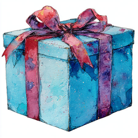 Watercolor blue gift box with red bow. Hand painted illustration. Colorful gift box with bright ribbon is ready for celebration or special occasionの素材