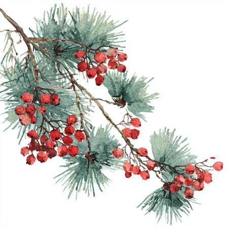 Watercolor illustration of a branch of a Christmas tree with red berries. Watercolor painting of a pine branch with red berries on a neutral backgroundの素材