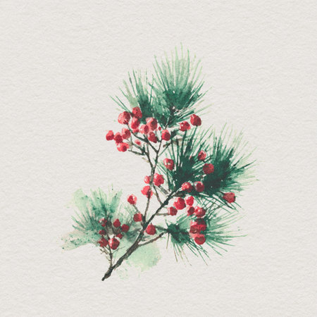 Watercolor Christmas tree branch with red berries. Hand painted illustration. Watercolor painting of a pine branch with red berries on a neutral backgroundの素材