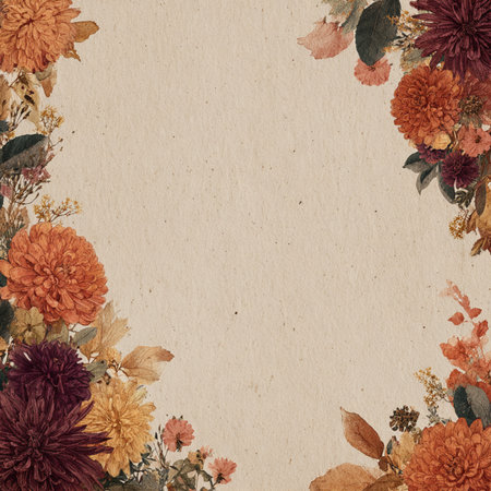Autumn floral background with dahlia flowers and leaves on old paper. Beautiful marigold, chrysanthemum, and dahlia autumn floral arrangement with warm colors and elegant designの素材