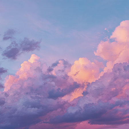 Beautiful sunset sky background with tiny clouds. Colorful sky. Vibrant sunset sky filled with fluffy pink and purple cloudsの素材