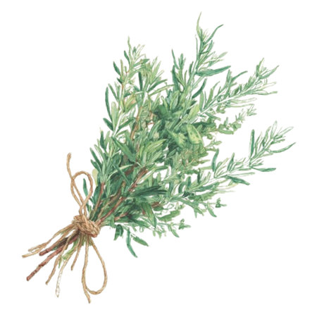 Hand drawn watercolor illustration of a twig of juniper on a white background. Rosemary Fresh herbs tied with twine, perfect for cooking and culinary useの素材