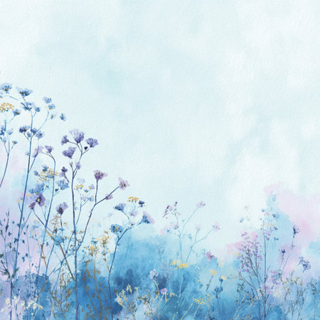 Watercolor floral background with wildflowers and blue sky. Hand painted illustration. watercolor wash background with scattered wildflowersの素材