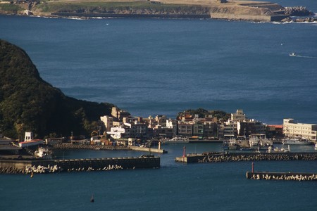 An aerial view of a fishing harbor in Taiwan.の写真素材